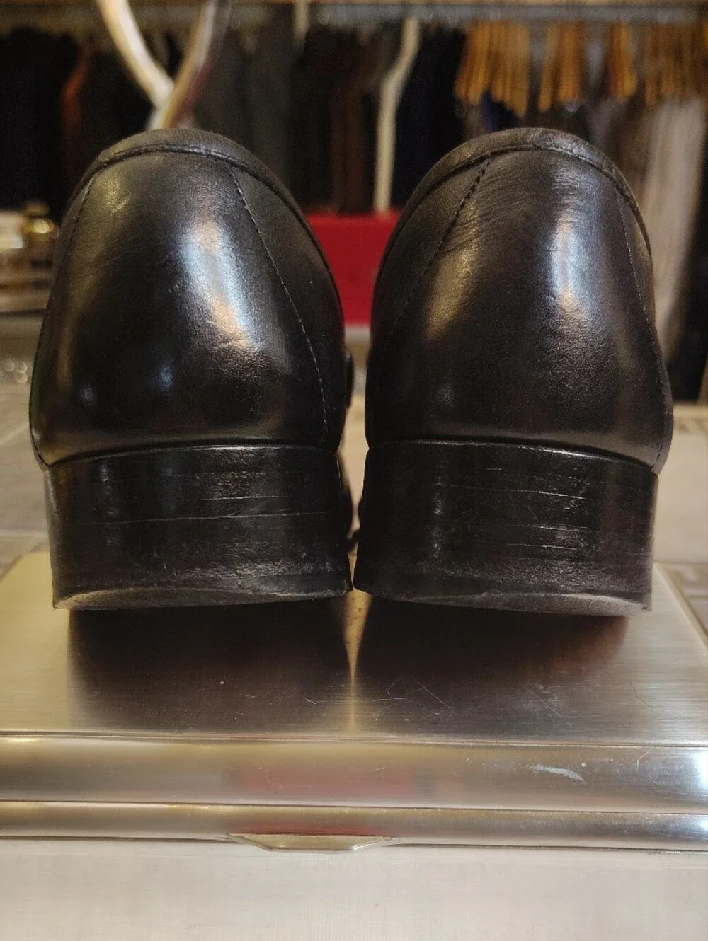 Vintage 1950's Gucci Black Leather Horsebit Loafers with Red Stripe Size 42